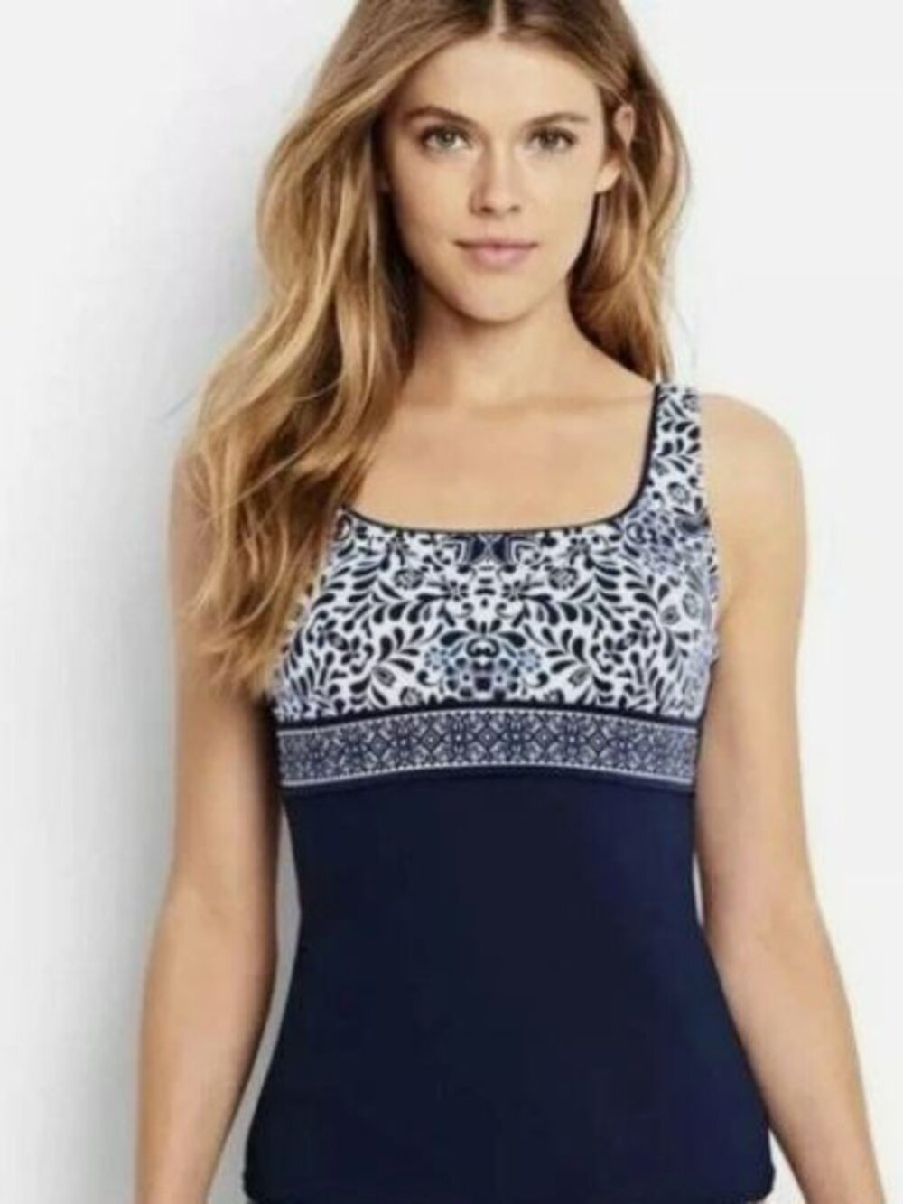 Lands' End Navy Floral Adjustable Underwire Tankini Swim Top - 12P
